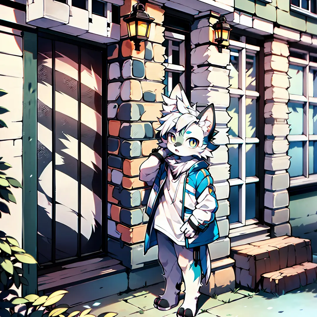 furry, male arctic fox, gray fur, blue eyes, holding a squire, wearing a trench coat, standing outside the house, natural color,...