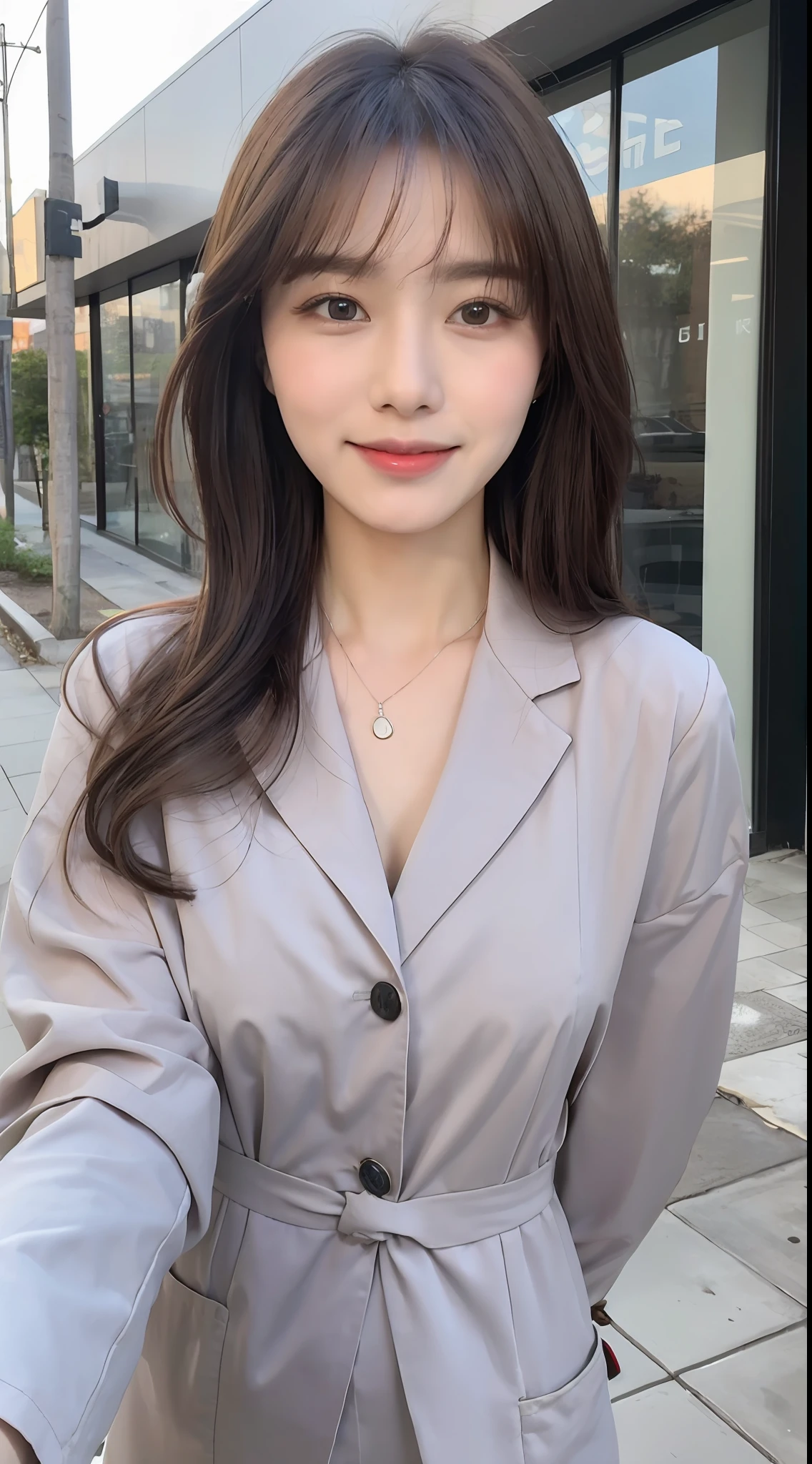 (1 Korean girl with royal sister style), ((best quality, 8k, masterpiece: 1.3)), (front photo), perfect body beauty: 1.4, (smile), (Street: 1.3), highly detailed face and skin texture, delicate eyes, double eyelids, whitened skin, (air bangs: 1.3), (round face: 1.5), (work suit: 1.4),