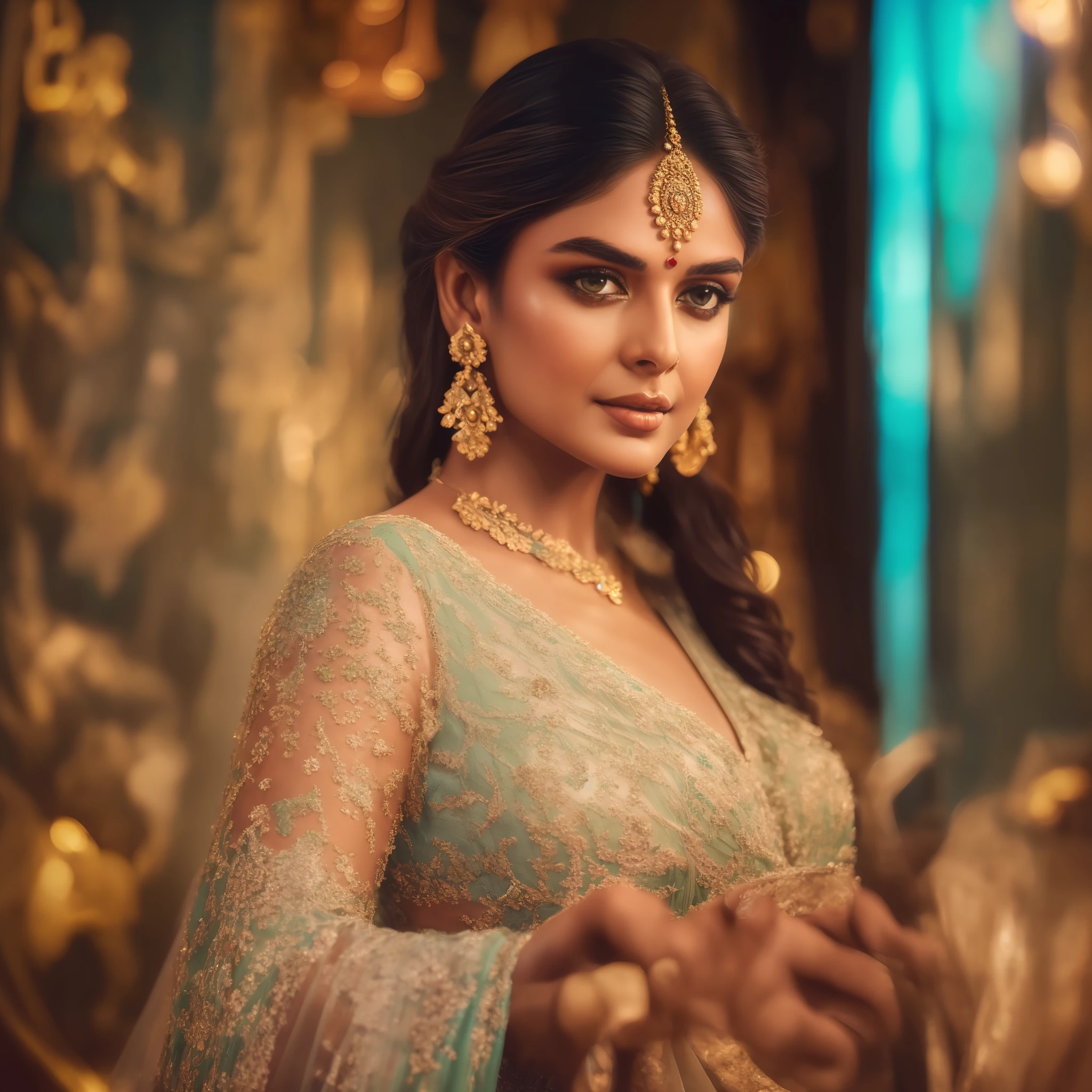 Actrice indienne de Bollywood dans le style d&#39;Alexandr Averin, rêveur, cyan foncé et rouge, Je ne peux pas croire à quel point c&#39;est beau, atmosphère sereine, lumière éthérée, Réaliste épique, illustré par Herg, à la manière d&#39;Alois Arnegger, stylo et encre,art by greg Rutkowski and artgerm, soft Cinématique light,HDR, complexe, très détaillé, (profondeur de champ:1.4), délavé, (couleurs neutres:1.2), (HDR:1.4), (couleurs sourdes:1.2), hyperdétaillé, (Station artistique:1.4), Cinématique, lumières chaudes, lumière dramatique, (complexe details:1.1), contexte complexe, (Rutkowski:0.66), (bleu sarcelle et orange:0.4), (complexe details:1.12), HDR, (complexe details, hyperdétaillé:1.15) (Texture de la peau:1.2)