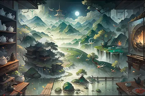 chinese wind mountains, river, auspicious clouds, cool teapot with ethnic culture,miao culture, someone has tea garden masterpiece, super detail, epic composition, high quality, extremely detailed, official art, unified 8k wallpaper, super detail, 32k --au...