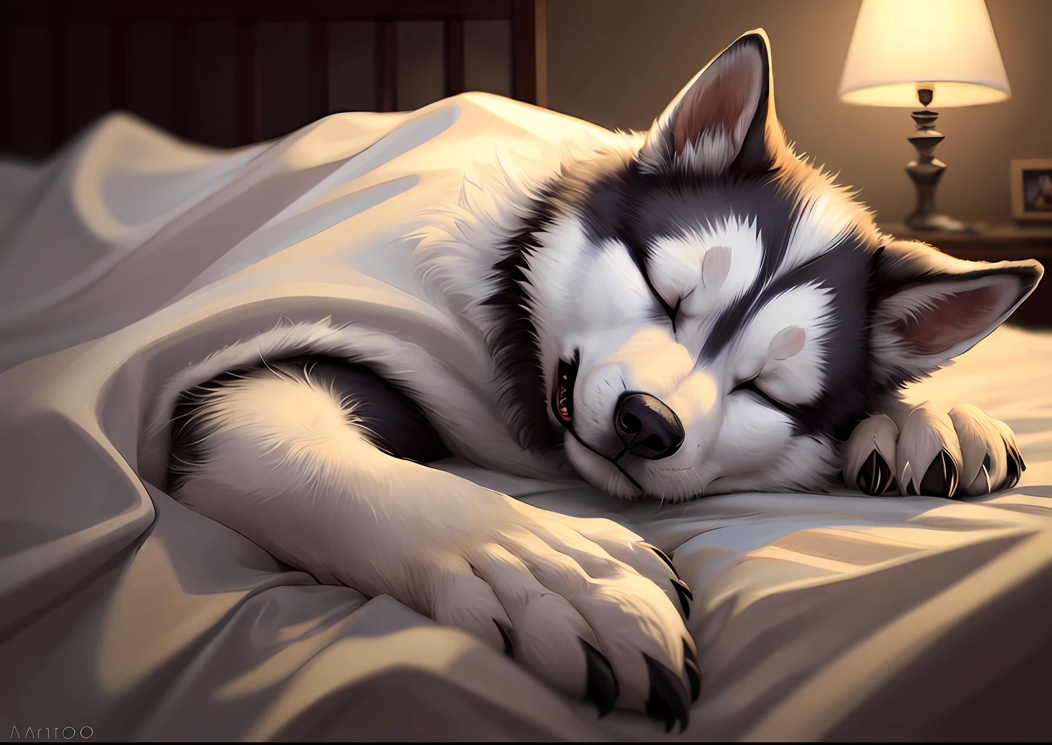 fantasy  head shot of adorable (fluffy, feral husky, goofy), (detailed  face, closed eyes ), (solo focus:1.2), sleeping, lying on back, lazy, wrapped in silk blanket, bright theme white dreamy soft lighting, (animal:0.8), (fluffy detailed body fur:1.1), cute paws, snoring, masterpiece, highres, by Jeremy Lipking, by Antonio J Manzanedo, (by Alphonse Mucha:0.5)  , (adorable, smirk, lovely:1.1), abstract background, chubby