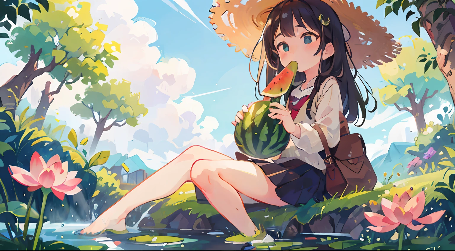 Hunched legs, one hand supporting the grass, best quality, masterpiece, super high resolution, realism, 1girl and 1cat eating watermelon, original photo feeling, blue sky, white clouds, green trees, ponds, lotus flowers.