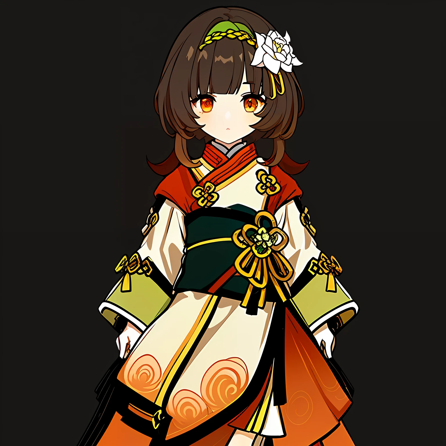 Genshin Avatar, (a girl with brown hair and orange eyes: 1.4), (((short hair))), hair between the eyes, ((white silk coat a little yellow and yellow-green))), there is a cartoon girl wearing a short dark green skirt, (a pink lotus flower on the right side of the forehead), pink flowers and green leaves stuck in her hair, full body adoptable, inspired by the master of Kanbun, non-binary god of spring, character adoptable, (light yellow ribbon tied around the waist), long and wide sleeves, Mihoyo art style, highly_detailed, portrait, (((masterpiece))), ((best quality))), (black_background:1.4), simple_background