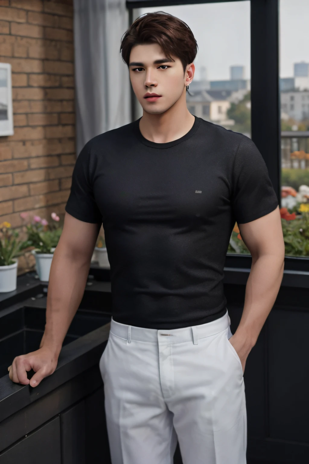 Masterpiece, ONYX11, a muscular 2 mature man, looking at me, focusing gaze, standing, wearing a black short-sleeved shirt, brown hair, indoors, outside the window is the garden. Textured Skin, Super Detail, Top Quality, 8K