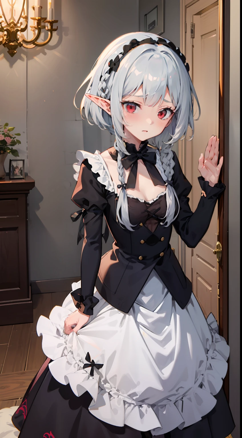 ((Put your hands on your chest)), (surprised)), (Red face), Full body of one girl, Elf, Silver hair, Red eyes, Braid hair, Bob cut, Gothic Lolita, Dress, Ruffles, Indoors, Mirror, TS, Concept art, Beautiful anime scene, Beautiful anime scenery, Best quality, Masterpiece, 4K