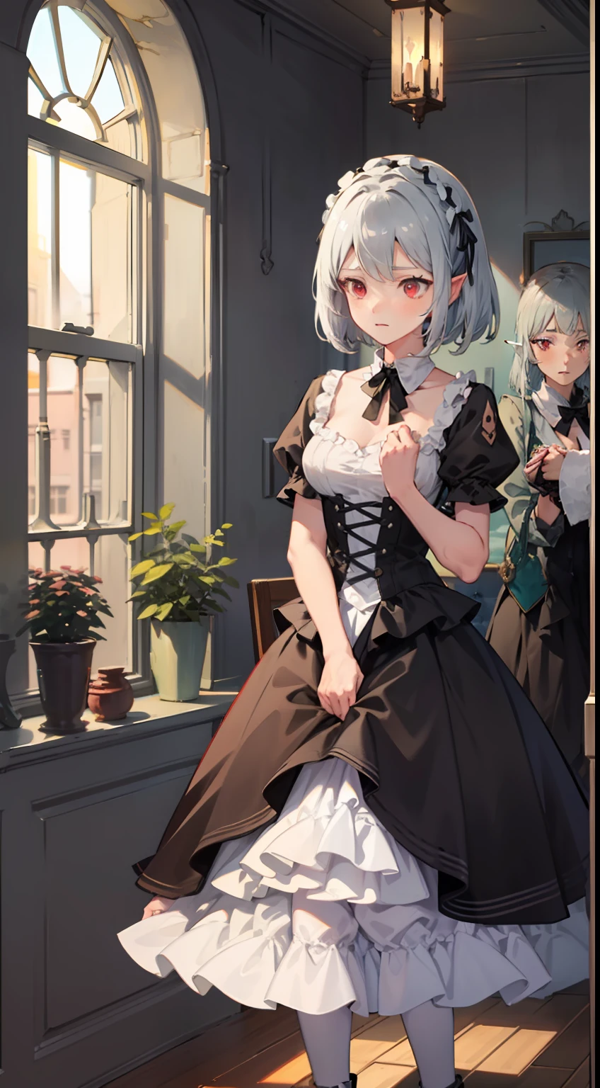 ((Put your hands on your chest)), (surprised)), (Red face), Full body of one girl, Elf, Silver hair, Red eyes, Braid hair, Bob cut, Gothic Lolita, Dress, Ruffles, Indoors, Mirror, TS, Concept art, Beautiful anime scene, Beautiful anime scenery, Best quality, Masterpiece, 4K