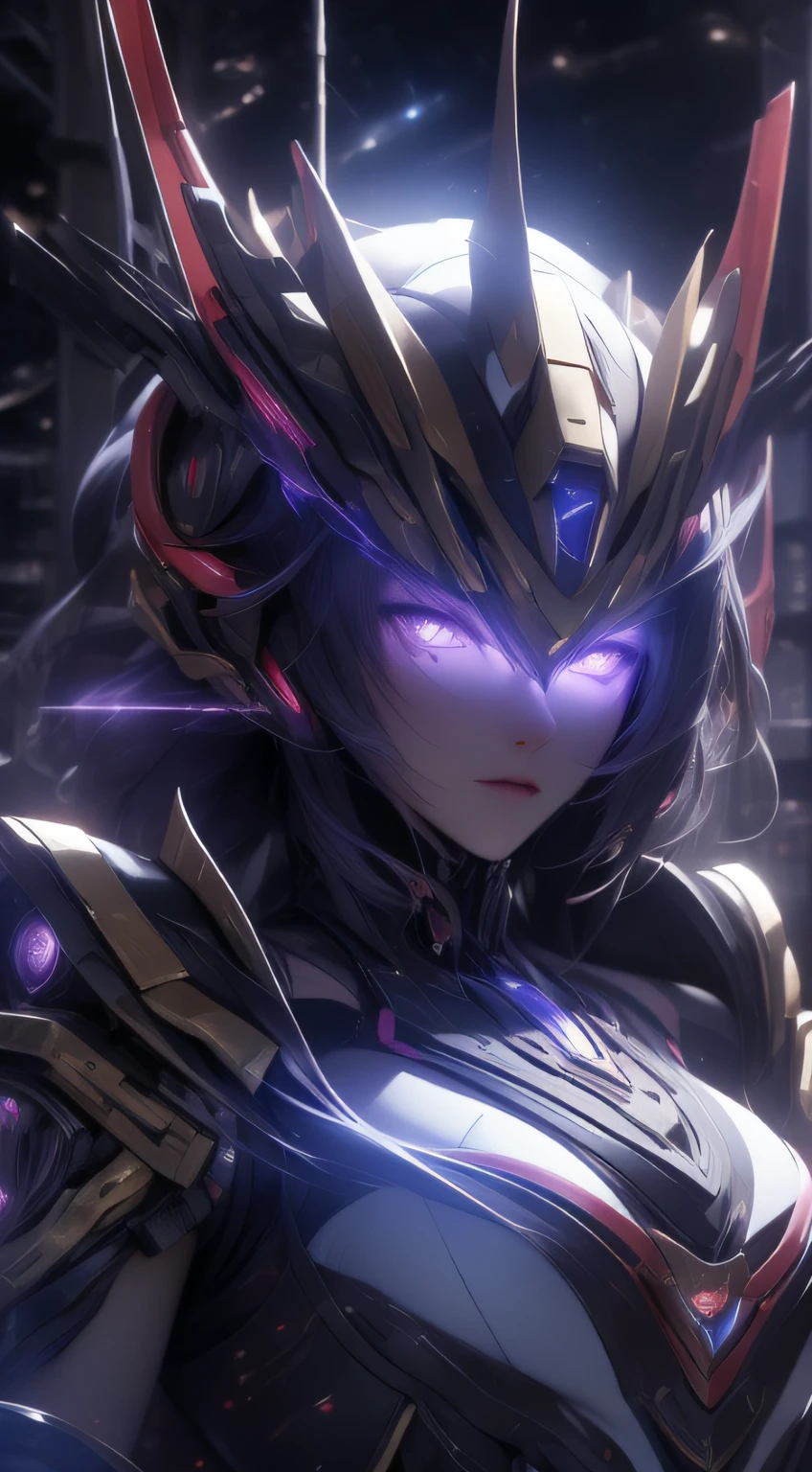 Masterpiece, highest quality, 8k, realistic details, full of sci-fi elements, cyberpunk, 1 woman wearing a Gundam mech, purple glowing eyes, detailed mecha patterns, half-body perspective, in space