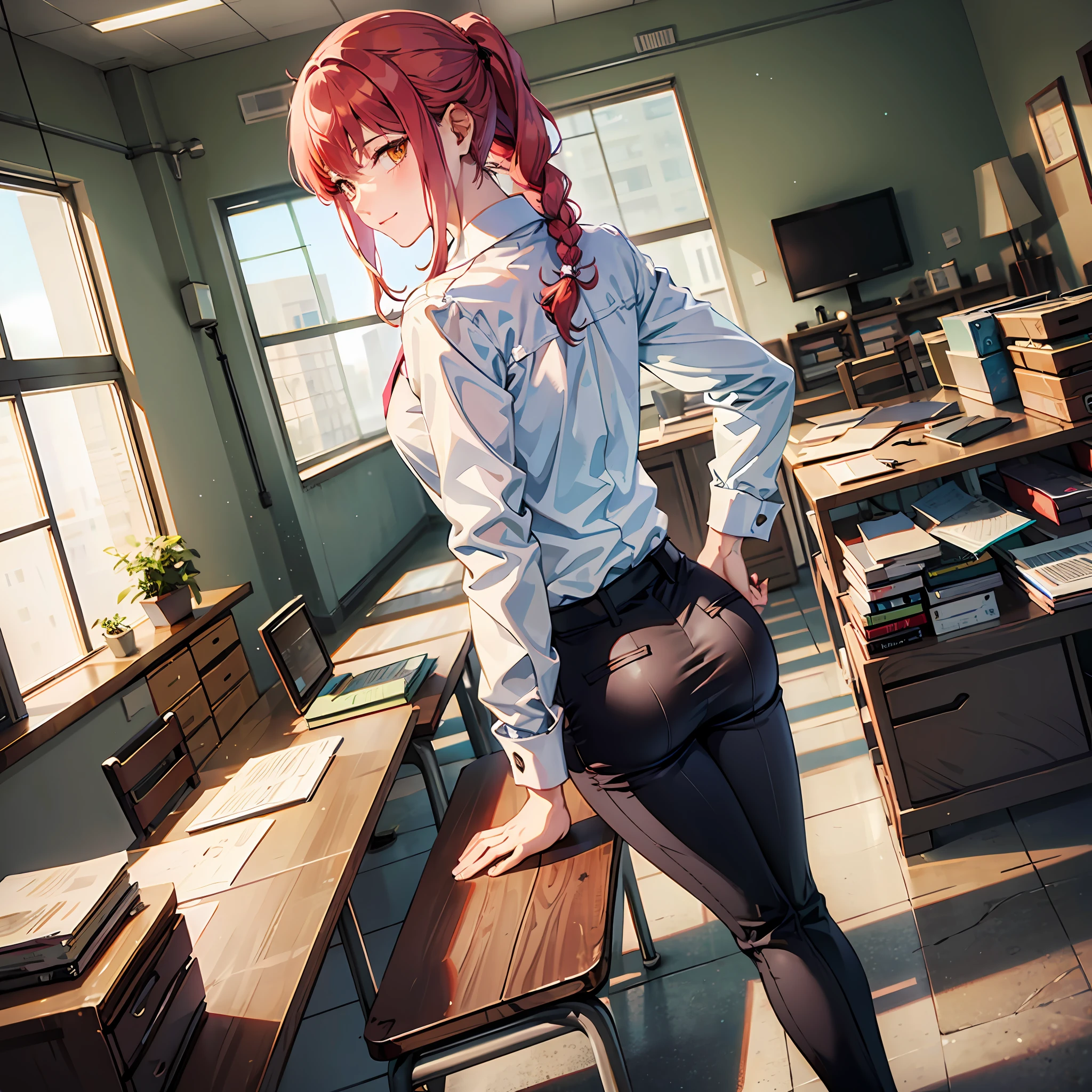 (masterpiece, best quality:1.2), from behind, solo, 1girl, makima, slight pervert smile, closed mouth, looking back, braided ponytail, ringed eyes, white shirt, black pants, bent forward, hands on desk, bent on desk, pervert, ultra detailed, beautiful body, best quality, red hair, office pants, necktie, chainsaw man anime, sexy, full body