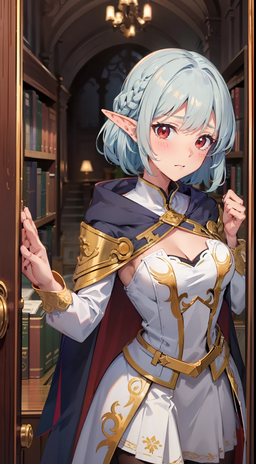 ((Put your hands on your chest)), (surprised)), (Red face), 1 girl closeup, Elf, Silver hair, Red eyes, Braid hair, Bob cut, Wizard, Robe, Ruffles, Tights, Cloak, Library, Mirror, TS, Concept art, Beautiful anime scene, Beautiful anime scene, Best quality, Masterpiece, 4K