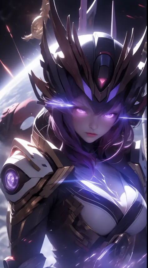Masterpiece, highest quality, 8k, realistic details, 1 woman wearing a Gundam mech, purple glowing eyes, detailed mecha patterns...