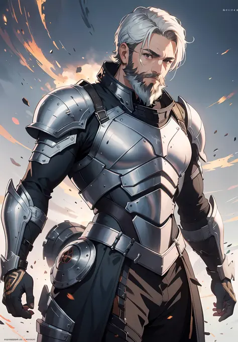 Fine, (Best Illustration), 8k Resolution, Intricate Details, Best Quality, Realistic, Ultra HD, muscular male, full armor, short hair, white background, beard