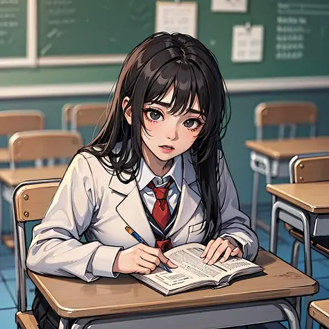 a woman with long black hair, wearing a school uniform, exams, in a school classroom