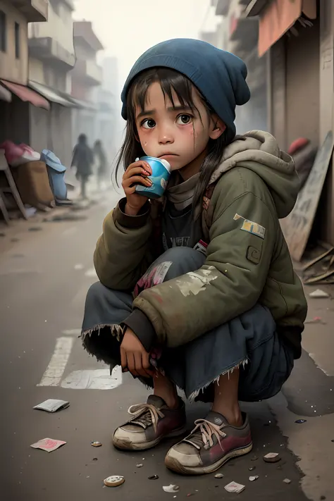 a young girl who drinks poverty in very tattered clothes, sells matches on a cold night, well, pitiful eyes, on the street, tatt...