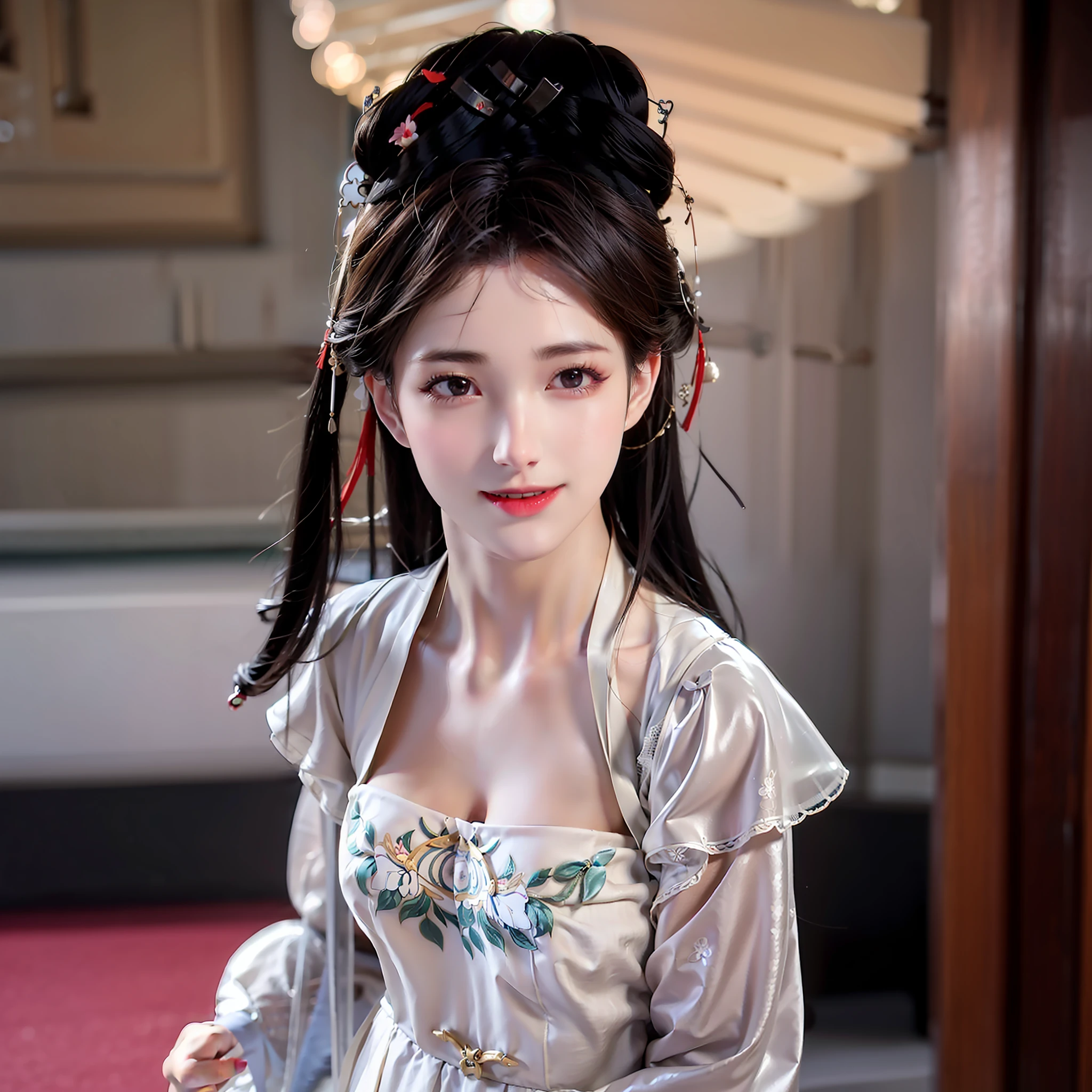 Best quality, masterpiece, high resolution, Chinese door opening, 1girl, large body, sexy extreme, light as gauze (see-through), large openwork see-through, beautiful and delicate face, (body of desire) Perfect slim body (nipple slip: 0.5), perfect snow white skin (night)