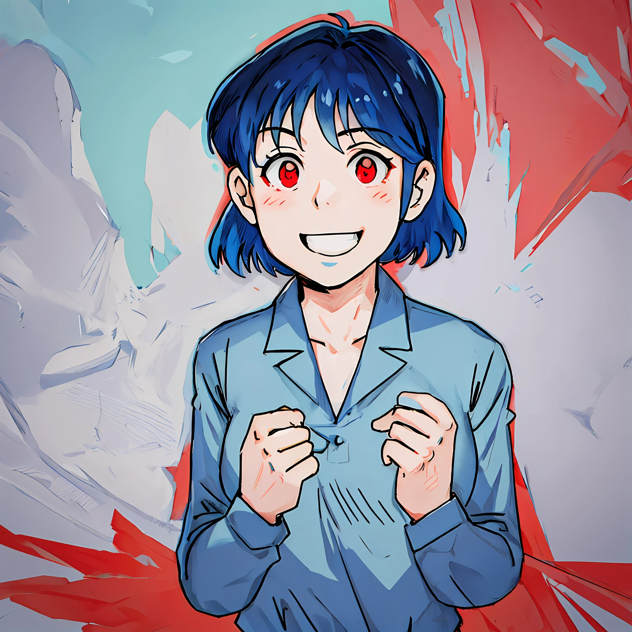 Chica anime con cabello azul y ojos rojos posando para una foto. - SeaArt AI