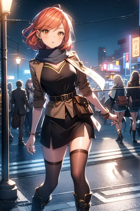 orange eyes light,richly faded light orange hair, anime 1girl, no skirt, brown military boots, pouch on the waist belt, khaki bi...