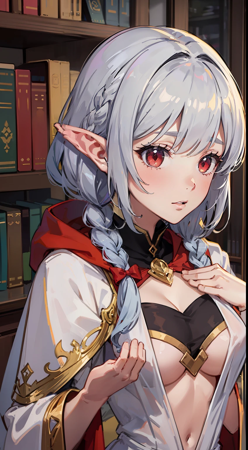 ((Put your hands on your chest)), (surprised)), (Red face), 1 girl closeup, Elf, Silver hair, Red eyes, Braid hair, Bob cut, Wizard, Robe, Ruffles, Tights, Cloak, Library, Mirror, TS, Concept art, Beautiful anime scene, Beautiful anime scene, Best quality, Masterpiece, 4K