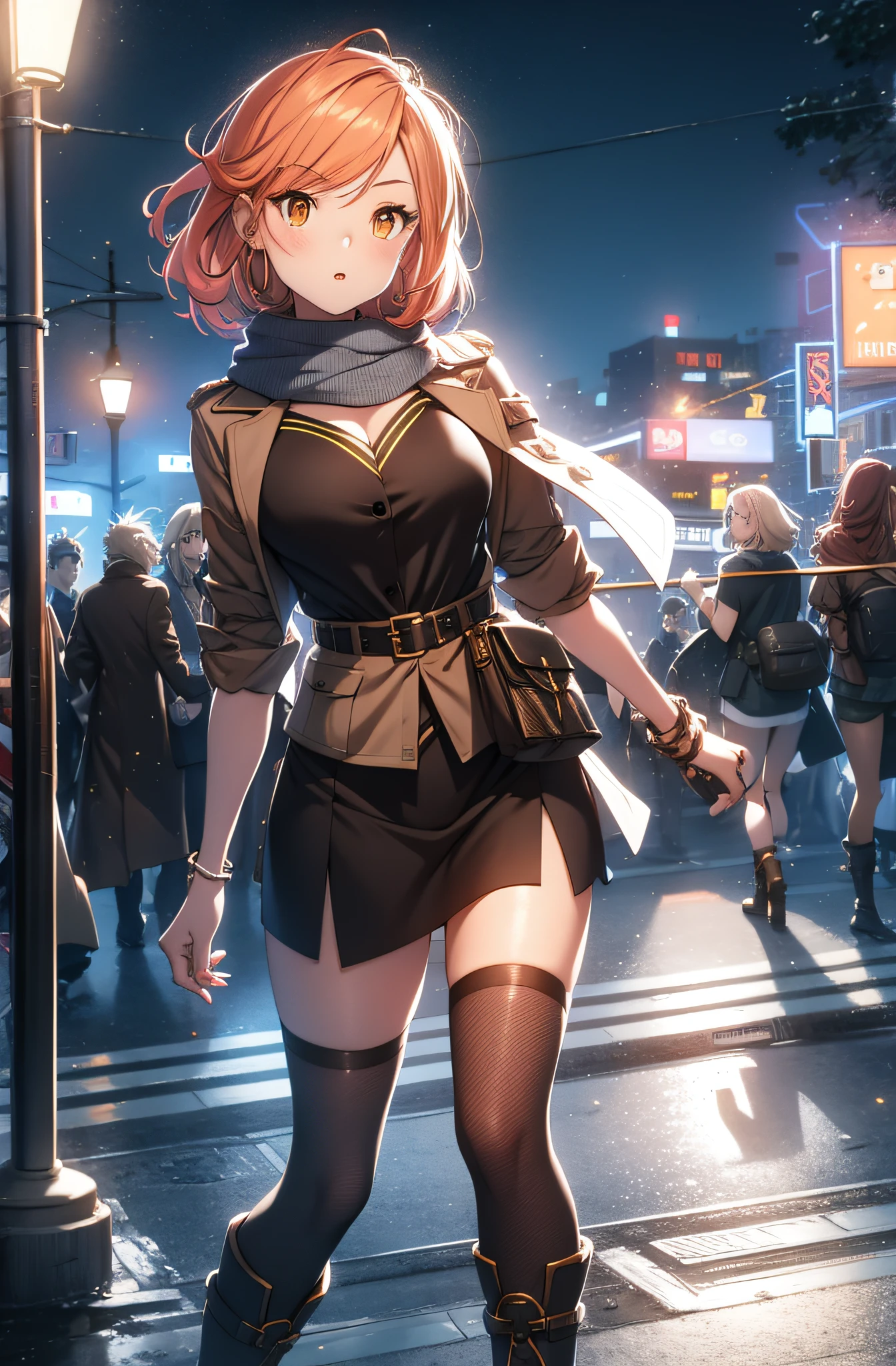 orange eyes light,richly faded light orange hair, anime 1girl, no skirt, brown military boots, pouch on the waist belt, khaki bikini, "black tights", "dark_orange knee pad on right leg",( night city:1.4), black long cloak, (good hand:1.5 ) good legs, (Good face: 1.5), 1girl, best hand, no worst hand. without clothes, in big city, khaki t-shirt, best face, very good face, best eyes, best anatomy,walk in the night Street