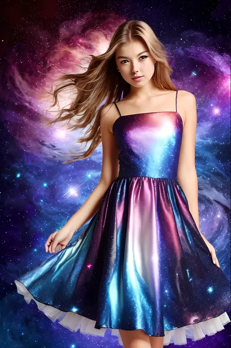 (best quality, masterpiece), 1girl, galaxy, glitter, dress, particle, wind, flower, upper body, dark simple background, looking ...