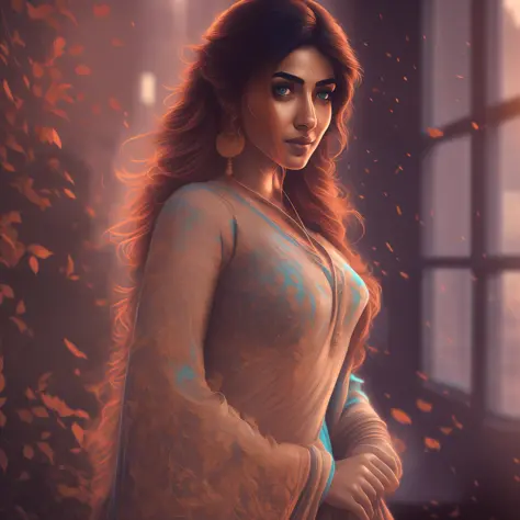 Bollywood actress in the style of Alexandr Averin, dreamy, dark cyan and red, i can't believe how beautiful this is, serene atmo...