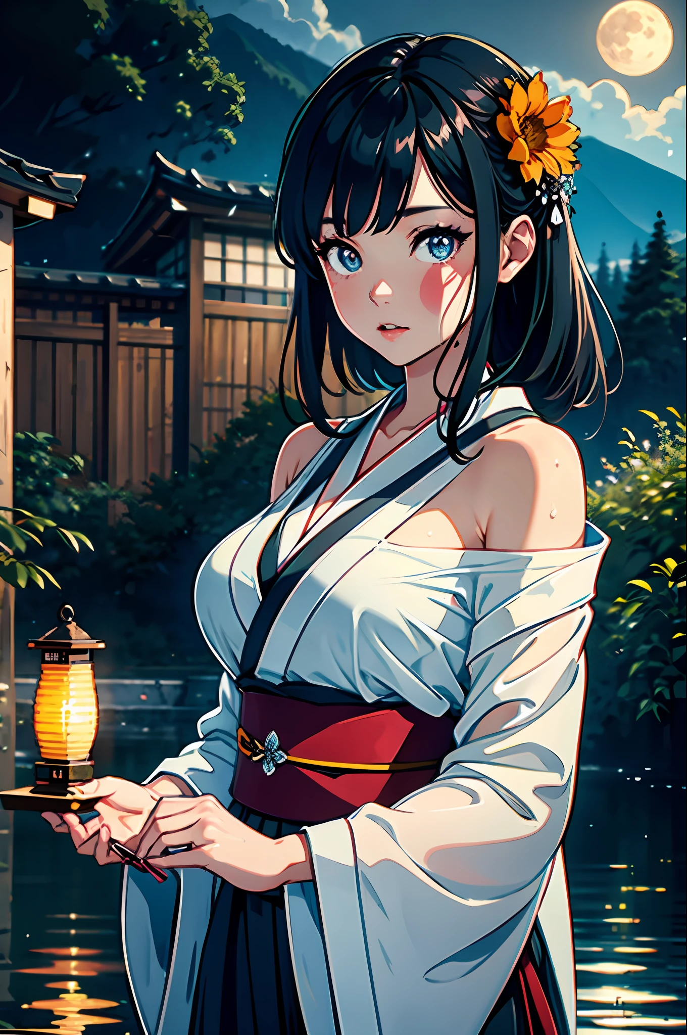 1girl, breasts, moon, lantern, night, solo, large breasts, hair ornament, wet, kimono, japanese clothes, wading, water, hair flower, flower, outdoors, sky, full moon, rain, black hair, off shoulder, mountain, cloud, holding, sash, bare shoulders, paper lantern, standing, white kimono, night sky, sideboob, obi, wet clothes, bangs, tree, from side, reflection, short hair, cloudy sky, wet hair (((masterpiece),(extremely detailed CG unity 8k wallpaper),best quality,,solo,1girl,cinematic lighting,detailed background,beautiful detailed eyes,bright pupils, (an extremely delicate and beautiful),(Beautiful and detailed eye description)， ultra-detailed,masterpiece,)),