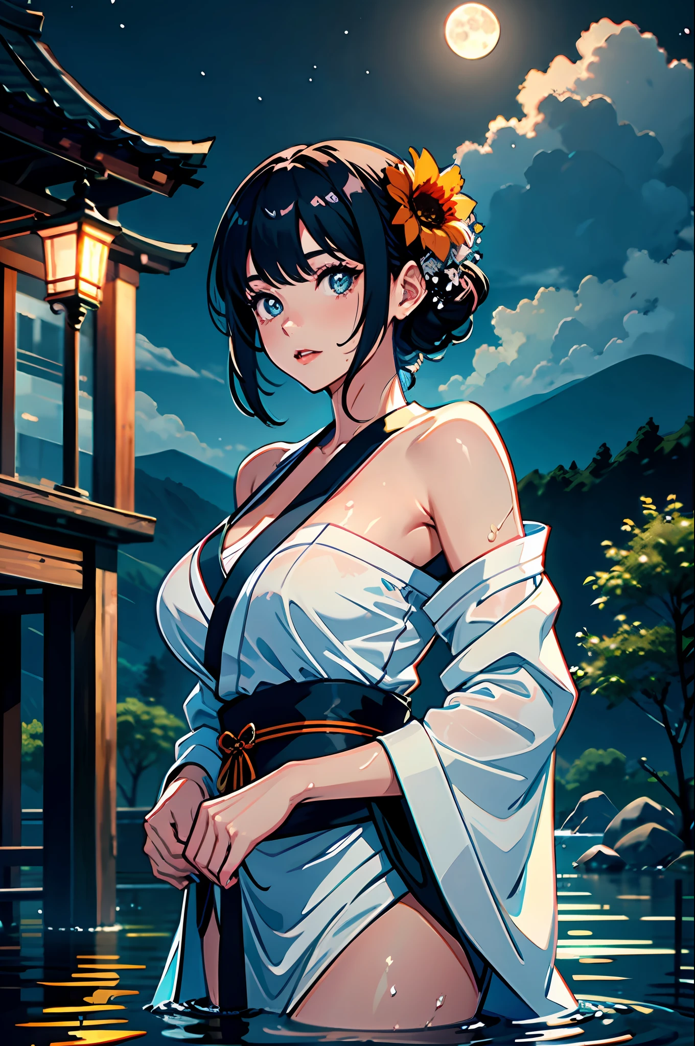 1girl, breasts, moon, lantern, night, solo, large breasts, hair ornament, wet, kimono, japanese clothes, wading, water, hair flower, flower, outdoors, sky, full moon, rain, black hair, off shoulder, mountain, cloud, holding, sash, bare shoulders, paper lantern, standing, white kimono, night sky, sideboob, obi, wet clothes, bangs, tree, from side, reflection, short hair, cloudy sky, wet hair (((masterpiece),(extremely detailed CG unity 8k wallpaper),best quality,,solo,1girl,cinematic lighting,detailed background,beautiful detailed eyes,bright pupils, (an extremely delicate and beautiful),(Beautiful and detailed eye description)， ultra-detailed,masterpiece,)),