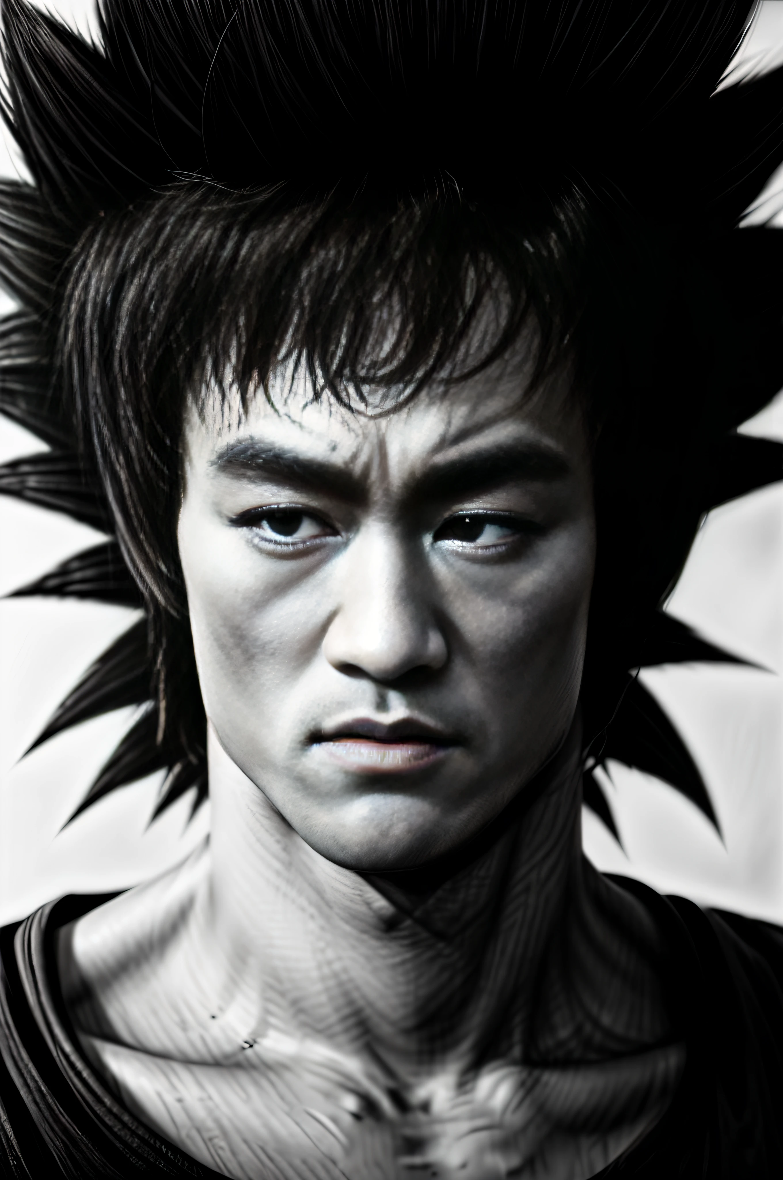 a drawing of Bruce Lee with red eyes and a beard, (looking straight to the camera), highly detailed portrait of Bruce Lee, Bruce Lee portrait, portrait of Bruce Lee, photorealistic human Bruce Lee, striking manga artstyle, highly detailed angry anime face, human Bruce Lee, wild spiky black saiyan hair, dragon ball artstyle, symmetry!! portrait of Bruce Lee, digital manga art, Bruce Lee