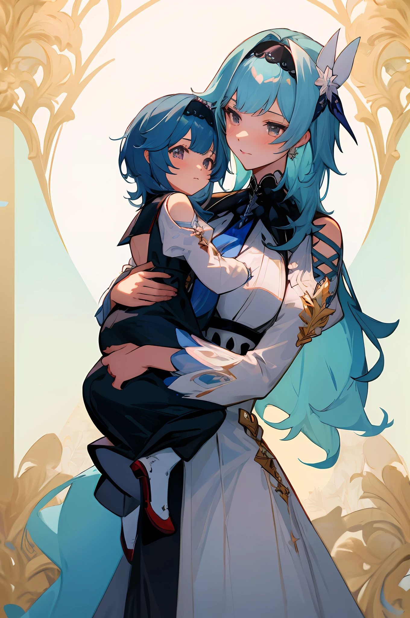 anime image of two women dressed in dress posing for a picture like princess clothing in summer, beautiful decoration on dress, palace a girl in palace, long hair, blue haired , anime fantasy illustration, from the azur lane videogame, genshin, Royal Princess detailed art, two beautiful anime girls, mother and child, symbol of maternal love, mother and child, such as photos of mother and , Embarrassed, royal castle