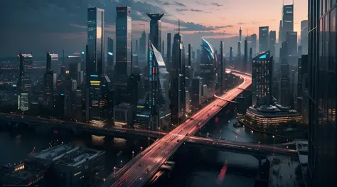 (Best quality),(masterpiece),(ultra detailed),(high detailed),(extremely detailed),"A sprawling futuristic cityscape at dusk, wi...