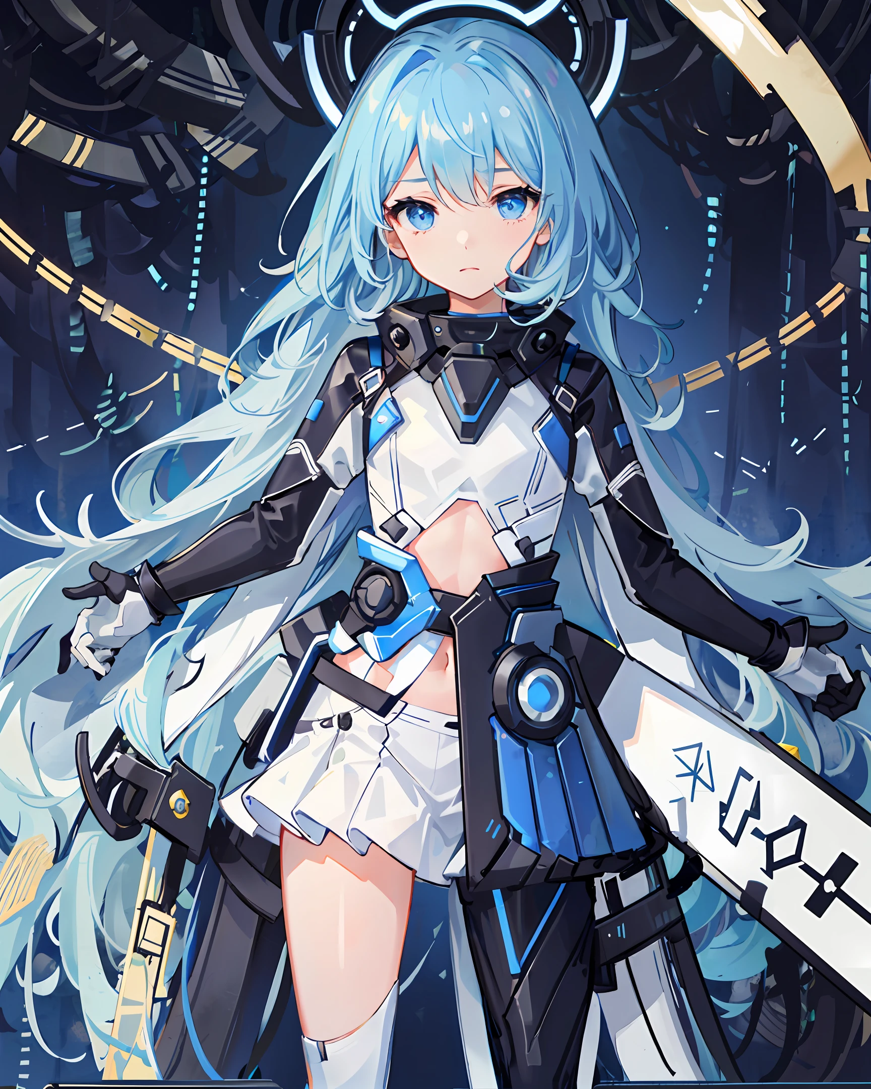 Long legs, girly, exposed waist and lower abdomen, blue hair, blue eyes, JK, masterpiece, upper body white background blue line color matching clothes, lower body not worn, machine girl, sense of technology, cosmic background