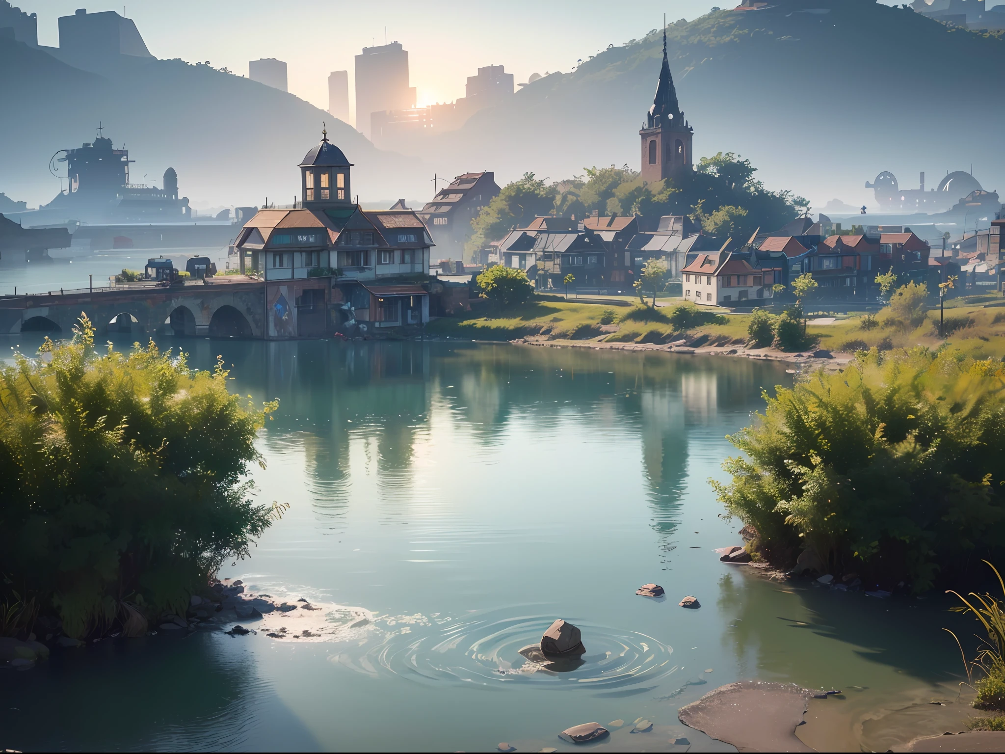 (8k, RAW photo, best quality, masterpiece:1.2), (realistic, photo-realistic:1.37), octane render, ultra high res, ultra-detailed , professional lighting, photon mapping, radiosity, physically-based rendering, ue5, ((island sanctuary)), ((ancient fallen kingdom)), ((reflections in water)), ((raytracing)), ((drowned city))