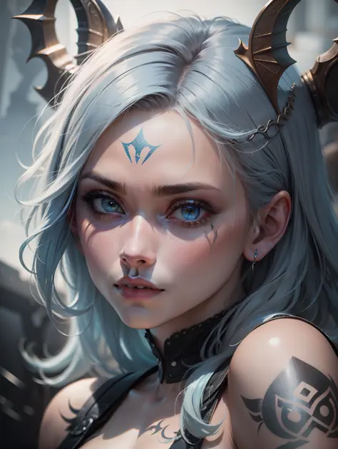 ultra realistic photography, perfectly centered top average shot 1woman dracinian mythology, bluish hair, runic tattoos, a shimmering cave, looking at the viewer, fashion pose, extremely detailed eyes, detailed symmetrical realistic face, extremely detaile...