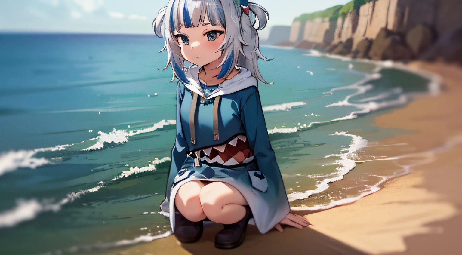 one girl, gawr gura, hololive, gura hoodie, beach, full body