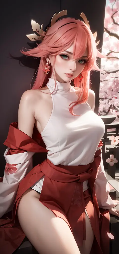 (Masterpiece, Excellent, 1girl, solo, complex details, color difference), realism, ((medium breath)), off-the-shoulders, big breasts, sexy, Yae Miko, long pink hair, red headdress, red highlight, hair above one eye, green eyes, earrings, sharp eyes, perfec...