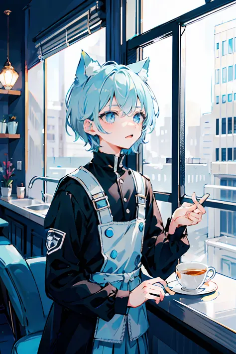 Young boy, short light blue hair, blue eyes, black and white uniform, café, cat ears, blue and white tail, disgusted expression