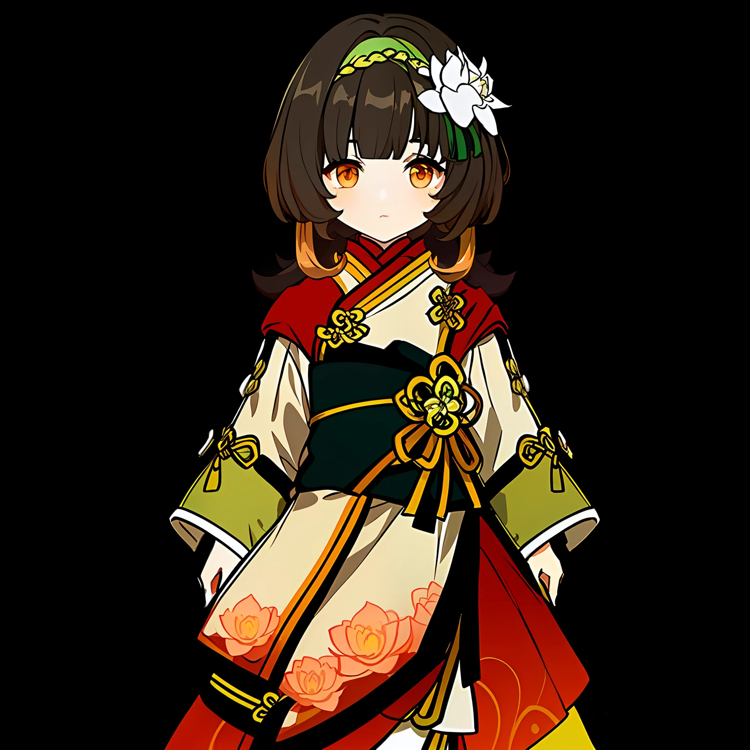 Genshin Avatar, (a girl with brown hair and orange eyes: 1.4), (((short hair))), hair between the eyes, ((white silk coat a little yellow and yellow-green))), there is a cartoon girl wearing a short dark green skirt, (a pink lotus flower on the right side of the forehead), pink flowers and green leaves stuck in her hair, full body adoptable, inspired by the master of Kanbun, non-binary god of spring, character adoptable, (light yellow ribbon tied around the waist), long and wide sleeves, Mihoyo art style, highly_detailed, portrait, (((masterpiece))), ((best quality))), (black_background:1.4), simple_background