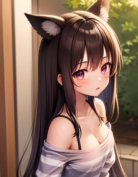 1 girl, Cat ears,16 years old, cute, loli, petite, cleavage, slouch, striped tee, blush, collarbone, delicate, best quality, HD,...