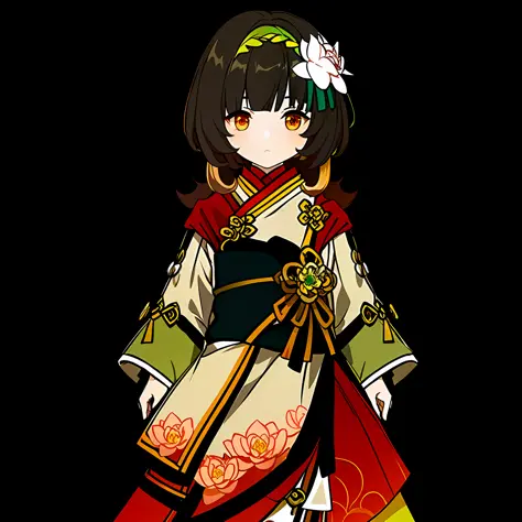 genshin avatar, (a girl with brown hair and orange eyes: 1.4), (((short hair))), hair between the eyes, ((white silk coat a litt...