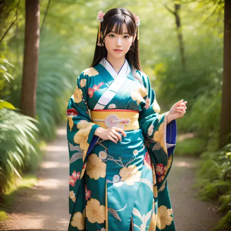 araffe dressed in a kimono standing on a path in a forest, in kimono, anime girl cosplay, traditional japanese, japanese kimono,...