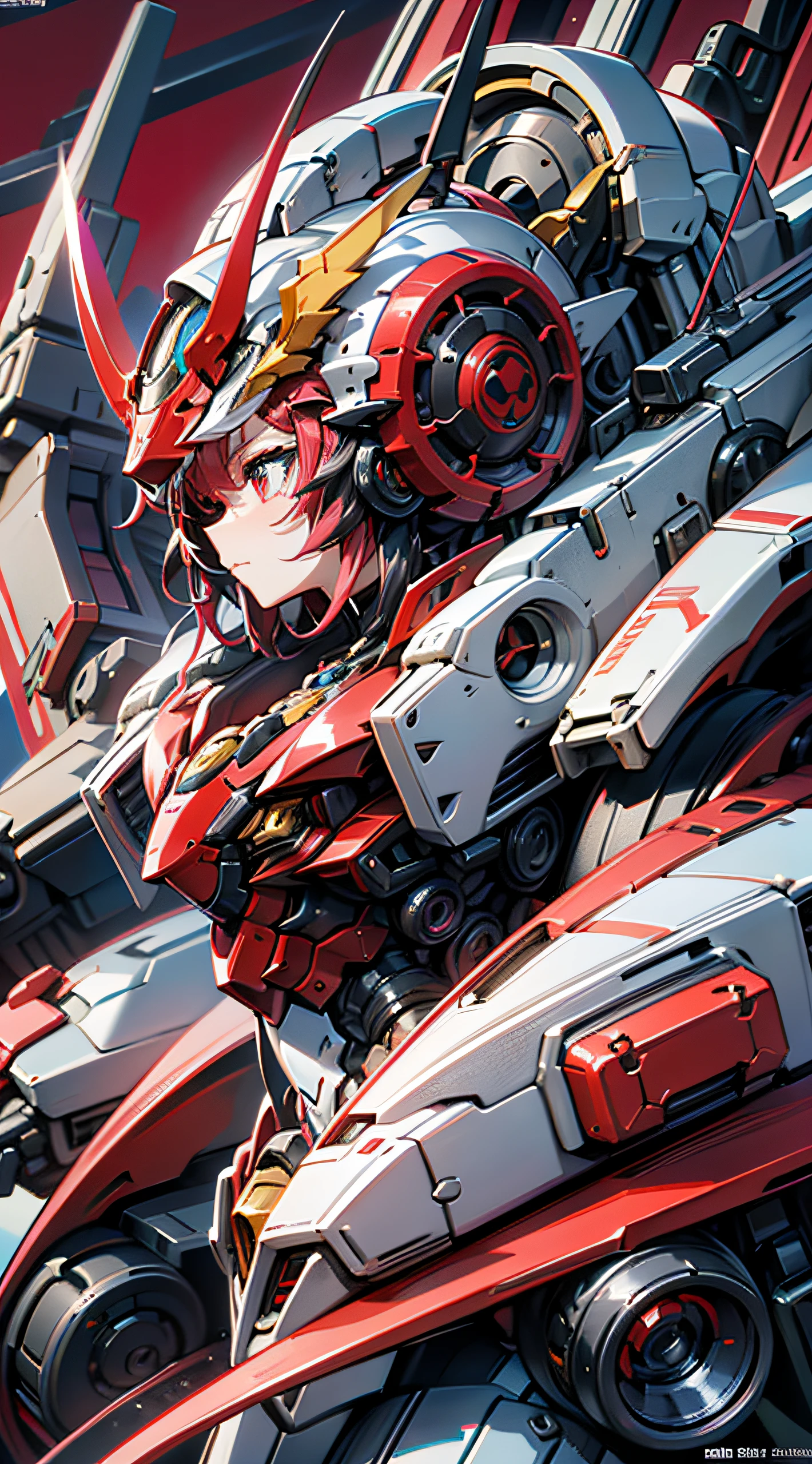 Um robô close-up com uma grande cabeça e uma espada, Garota Valquíria Mecanizada, mecha network garota de armadura, arte digital detalhada de anime, arte detalhada de animework, garota de armadura, estética de anime mecha, arte digital avançada de anime, mecha feminina, robô mecha fêmea cabeça de dragão, arte detalhada de anime, Arte detalhada do anime principal, badass anime 8 K, pintura vermelha escura