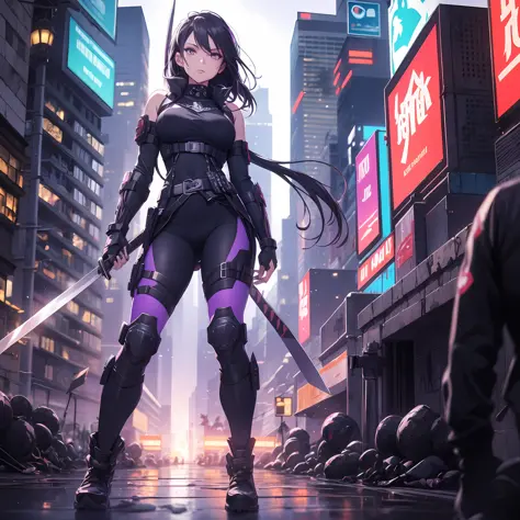 ninja, cyberpunk city background, 1 woman, holding a katana, night, black uniform, katana emanating a black aura with purple, ba...