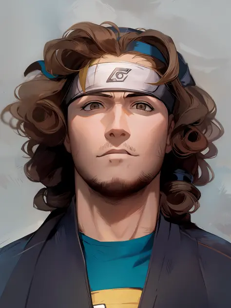 HD, (Best Detail), (Best Quality), Naruto Uzumaki, ((Ninja Headband))), Man with Long Curly Hair and Blue Shirt