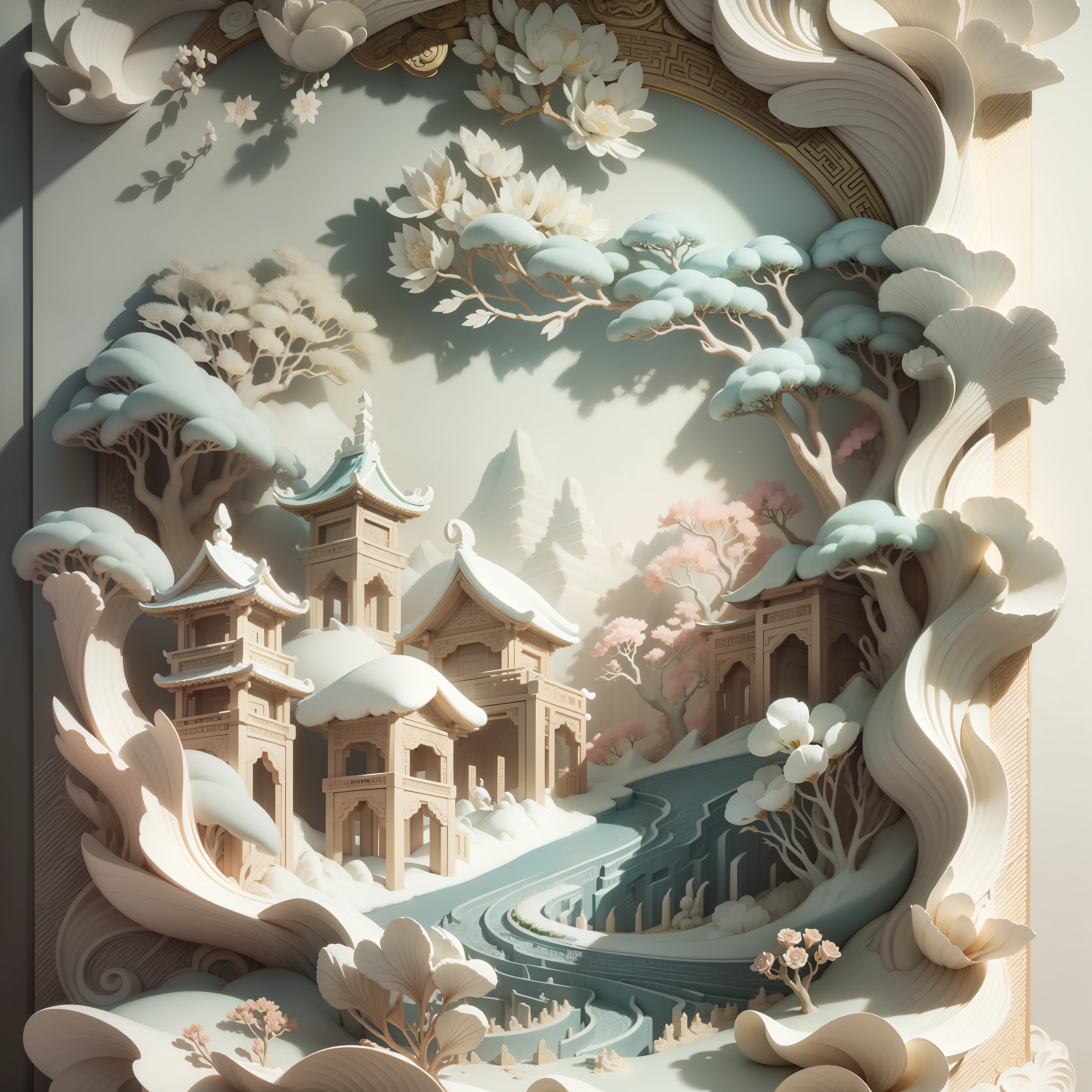 Relief 3D, méticuleusement sculpté, sculpture sur ivoire, Illustration chinoise sur fond blanc, pastel, style chinois traditionnel, Peinture de paysage oriental, Embarcation multidimensionnelle de brouillard en papier, illustration de papier, vue super grand angle, rêveur, 8k, Romantique, haute résolution, 8k