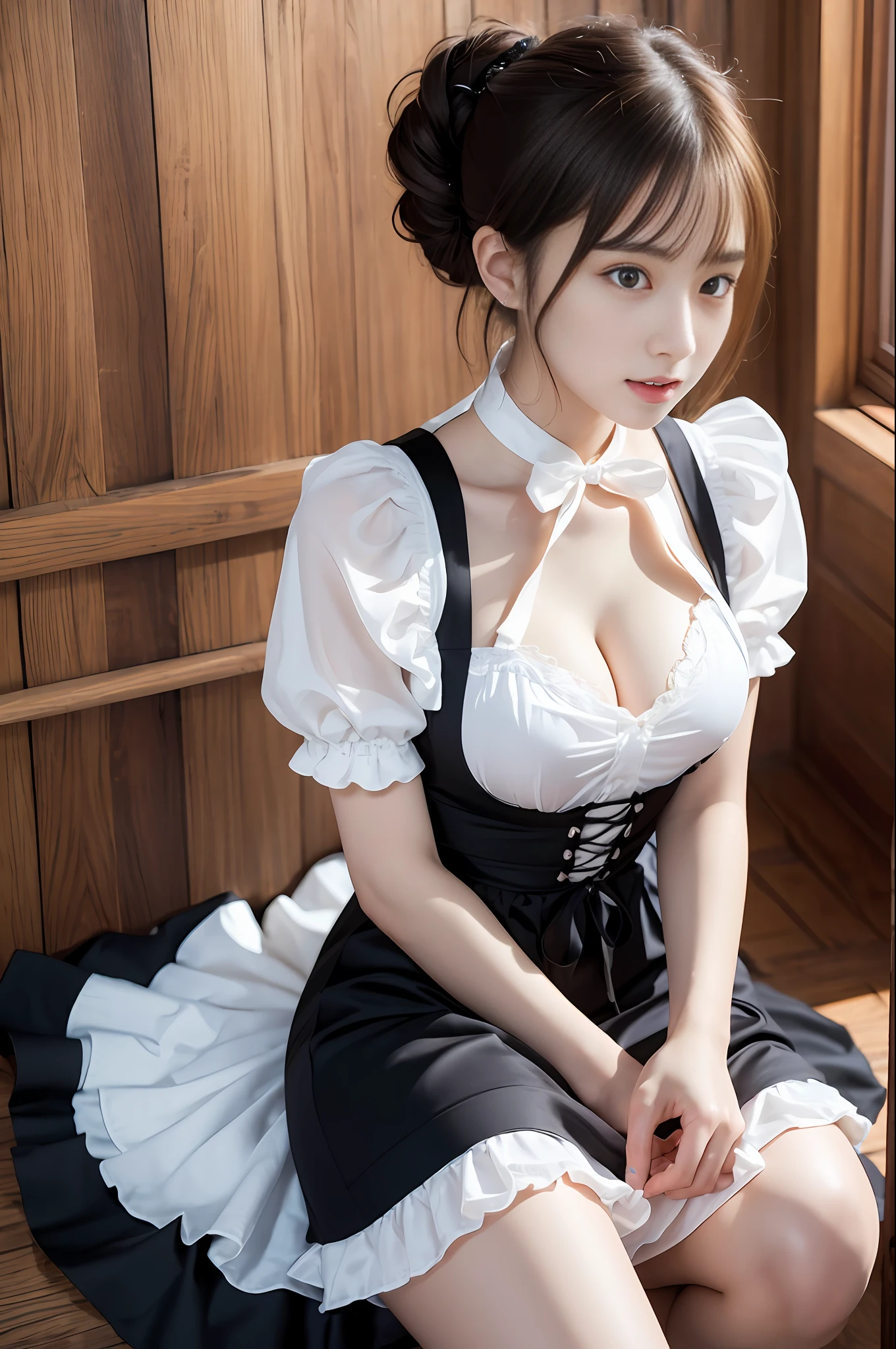 Top quality, masterpiece, ultra-high resolution, (photorealistic: 1.4), raw photo, 1 girl, English maid, ruffled maid headband, ponytail, braided hair, black dress in Victorian style, ribbon tie, white apron, long skirt, puff sleeves, white silk socks, black strap shoes, shiny skin, polite standing figure with straight legs, café, Seated, 18 years old, Nogizaka idol, actress, Korean idol, gravure idol