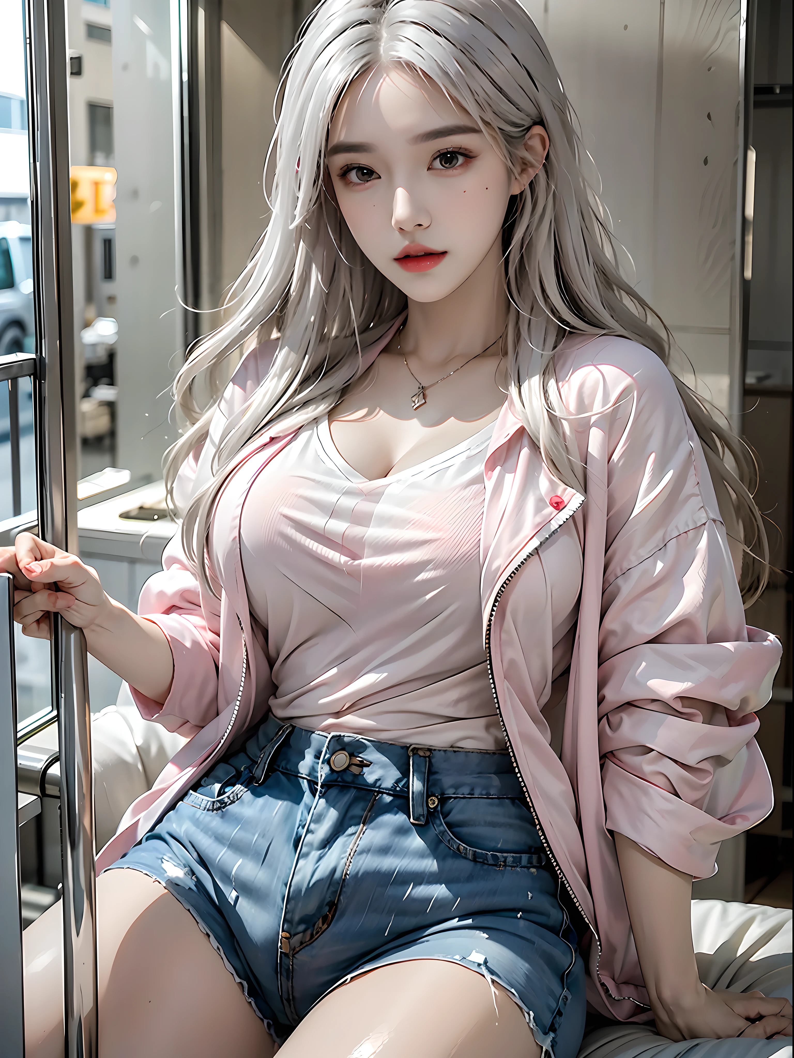 photorealistic, high resolution, 1 girl, white wavy hair, korean, black eyes, stylish outfit, pink shirt, fitted jeans, oversized jacket, normal breast, large thighs