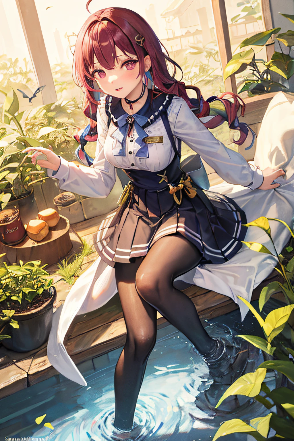 1girl, solo, full body, (masterpiece:1.21), (best quality:1.2), colorful, (illustration:1.2), (cinematic lighting:1.1) In this whimsical fantasy garden, scenes are illuminated by rainbows (colorful fireflies) dancing in the air. Soft (drizzle) adorns the garden, creating a hazy and ethereal atmosphere. In the center of the picture, there stands a single girl, an extremely delicate girl, with cute facial features and an innocent expression. Her long hair fluttered in the wind. She wears an ultra-low-cut strapless dress that accentuates her curves. The lighting is very delicate and beautiful, creating a soft and warm glow that highlights the surface of the water and makes it sparkle like a diamond. The best grass is also illuminated, creating a lush carpet. The garden is surrounded by colorful fields of flowers of all colors and shapes. You can see (colored butterflies) of various colors and sizes flying in the scene, adding to the overall sense of wonder and magic. (Officers), a flush can be seen on the bridge of the nose, and the mouth is slightly open, which adds to the overall sense of innocence and youth. Falling petals can be seen floating around her, adding to the overall romance and beauty. The gentle breeze, rustling leaves and swaying flowers add to the overall dynamism and vitality. It is a scene of pure wonder and magic, full of color and beauty, and viewers can lose themselves in this fascinating and fascinating world.