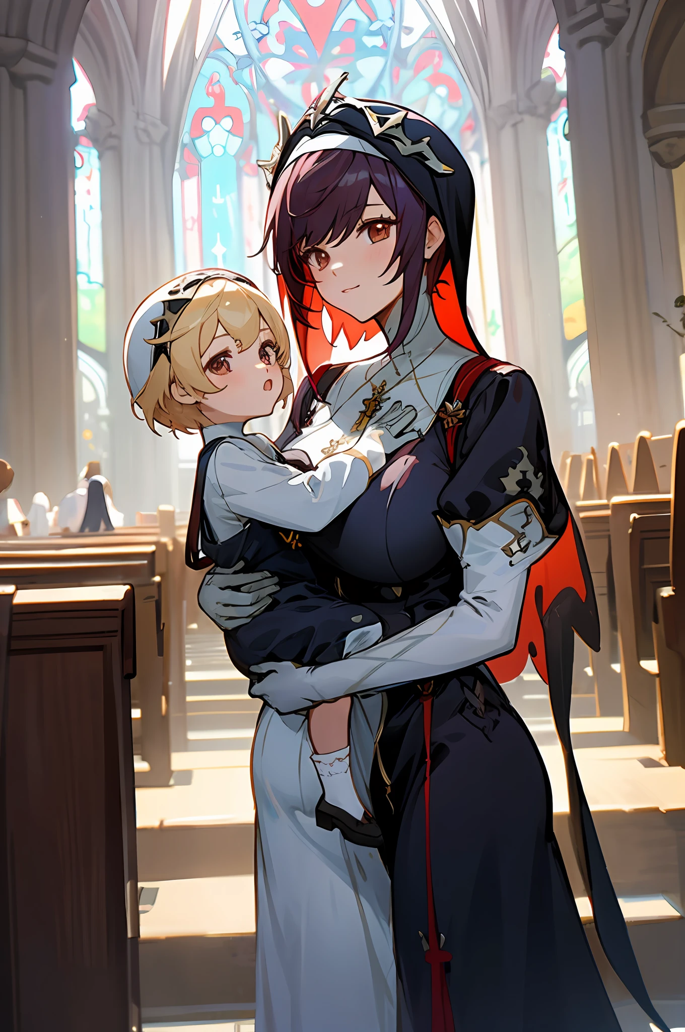anime image of two women dressed nun posing for a picture like Nun clothing in summer, short hair, a girl in church, anime fantasy illustration, from the azur lane videogame, genshin, nun dress detailed art, two beautiful anime girls, mother and child, symbol of maternal love, happy, mother and child, such as photos of mother and 
