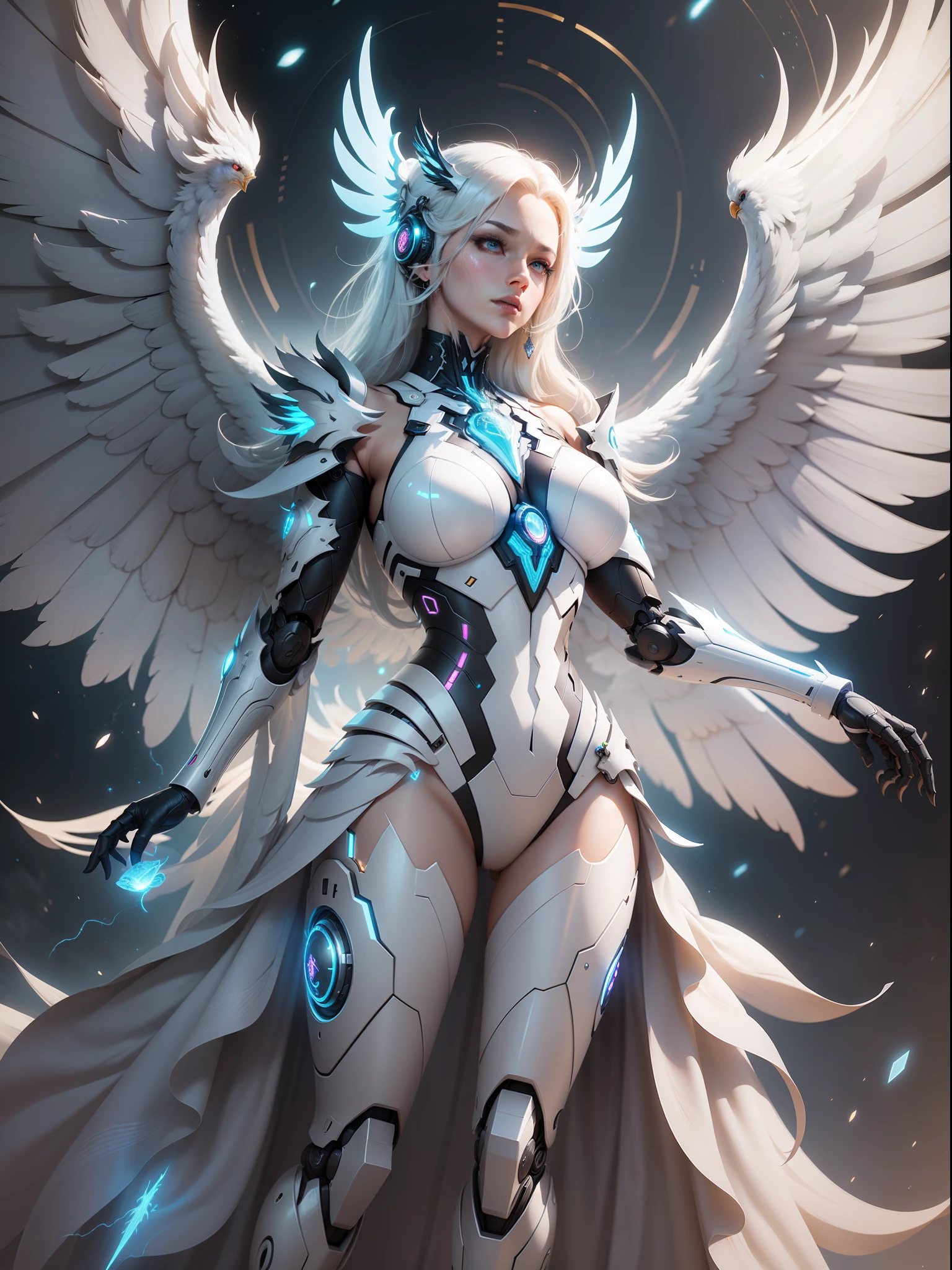 there is a large white angel with wings spread out, glowing angelic being, big white glowing wings, ethereal wings, epic angel wings, infinite angelic wings, cosmic horror entity with wings, futuristic robot angel, unreal engine render + a goddess, wings made of light, the solarpunk phoenix, akihiko yoshida. unreal engine, stunning cgsociety