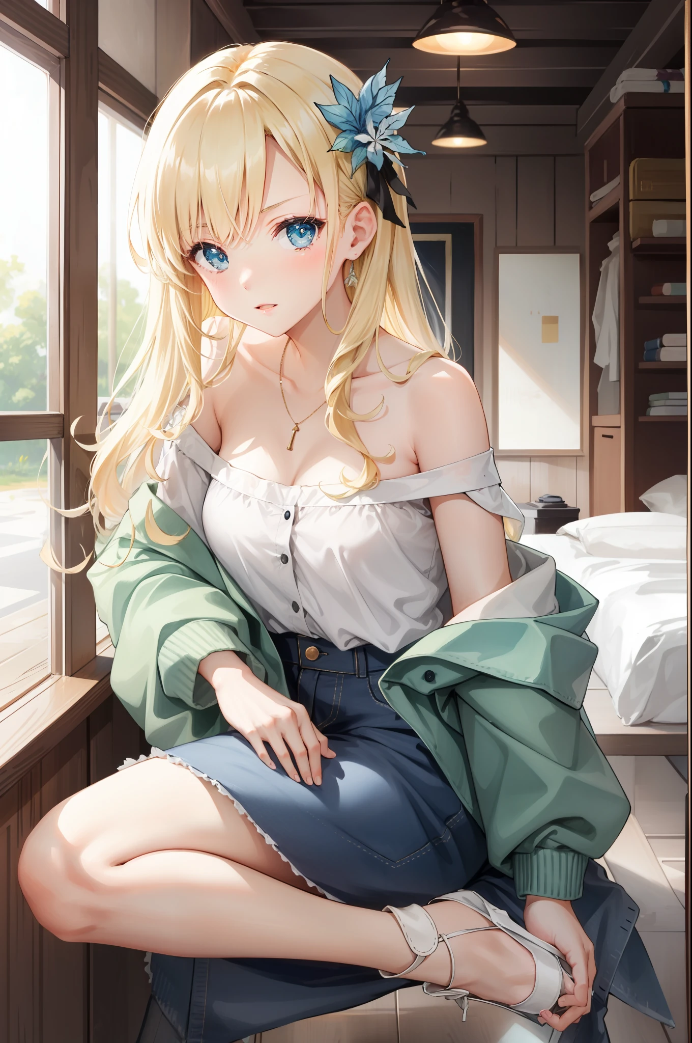 blonde, one girl, fluffy clothes, off-shoulder, sitting,