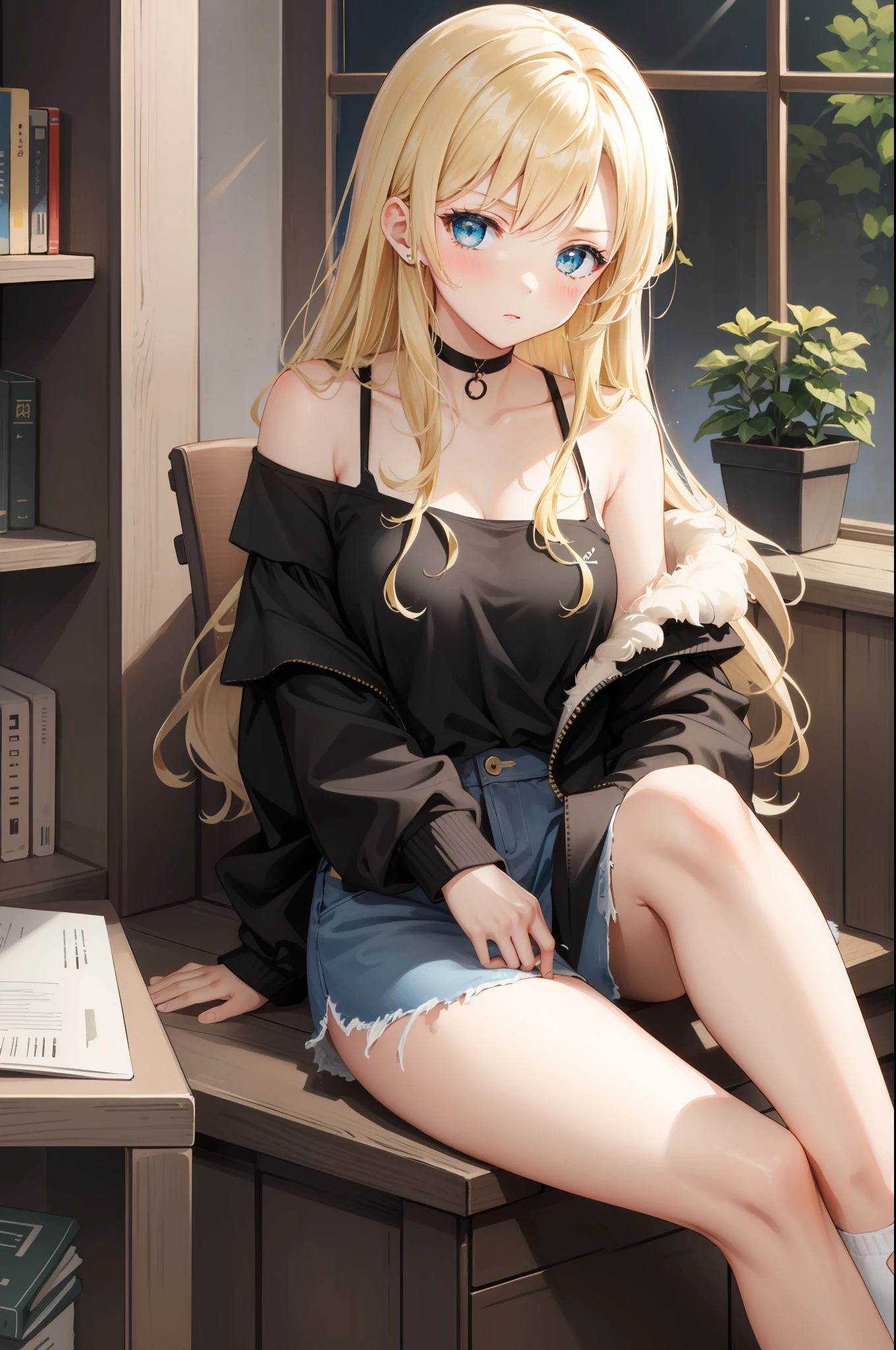 blonde, one girl, fluffy clothes, off-shoulder, sitting,